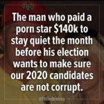 political-memes political text: The man who paid a porn star $140k to stay quiet the month before his election wants to make sure our 2020 candidates are not corrupt. @littledeekay  political
