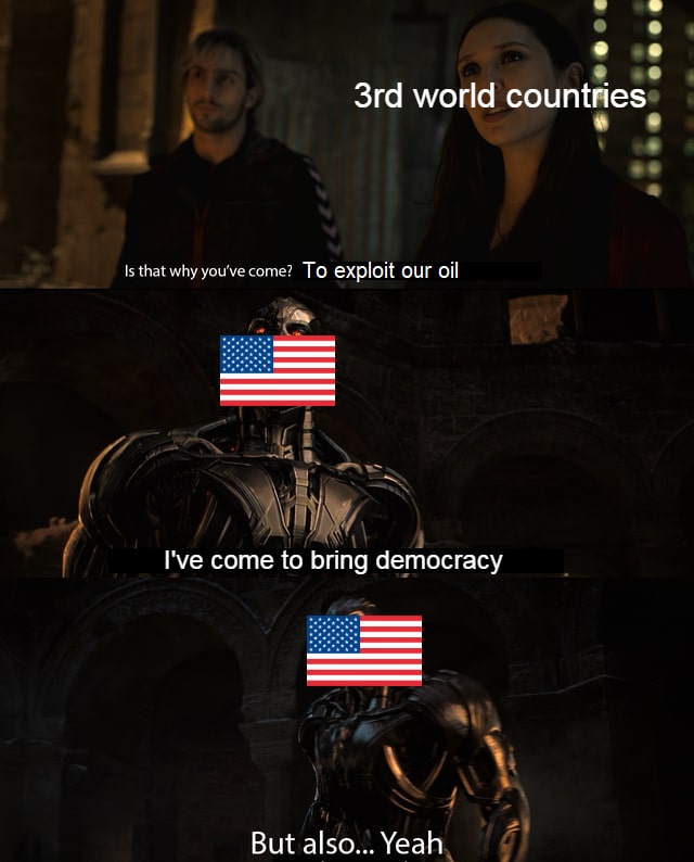 thanos avengers-memes thanos text: 3rd world countries• Is that whyyou'vecome? To exploit our oil I've come to bring democracy But also... Yeahx 