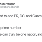 political-memes political text: Alice Vaughn 9. @RationalBlonde We need to add PR, DC, and Guam as states. 53 is a prime number then we can truly be one nation, indivisible  political
