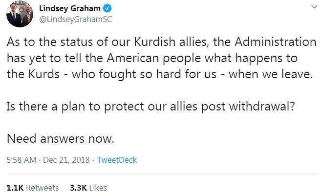 political political-memes political text: Lindsey Graham @LindseyGrahamSC As to the status of our Kurdish allies, the Administration has yet to tell the American people what happens to the Kurds who fought so hard for us when we leave. Is there a plan to protect our allies post withdrawal? Need answers now. 5:58 AM Dec 21, 2018 TweetDeck 3 3K Likes 11K Retweets 