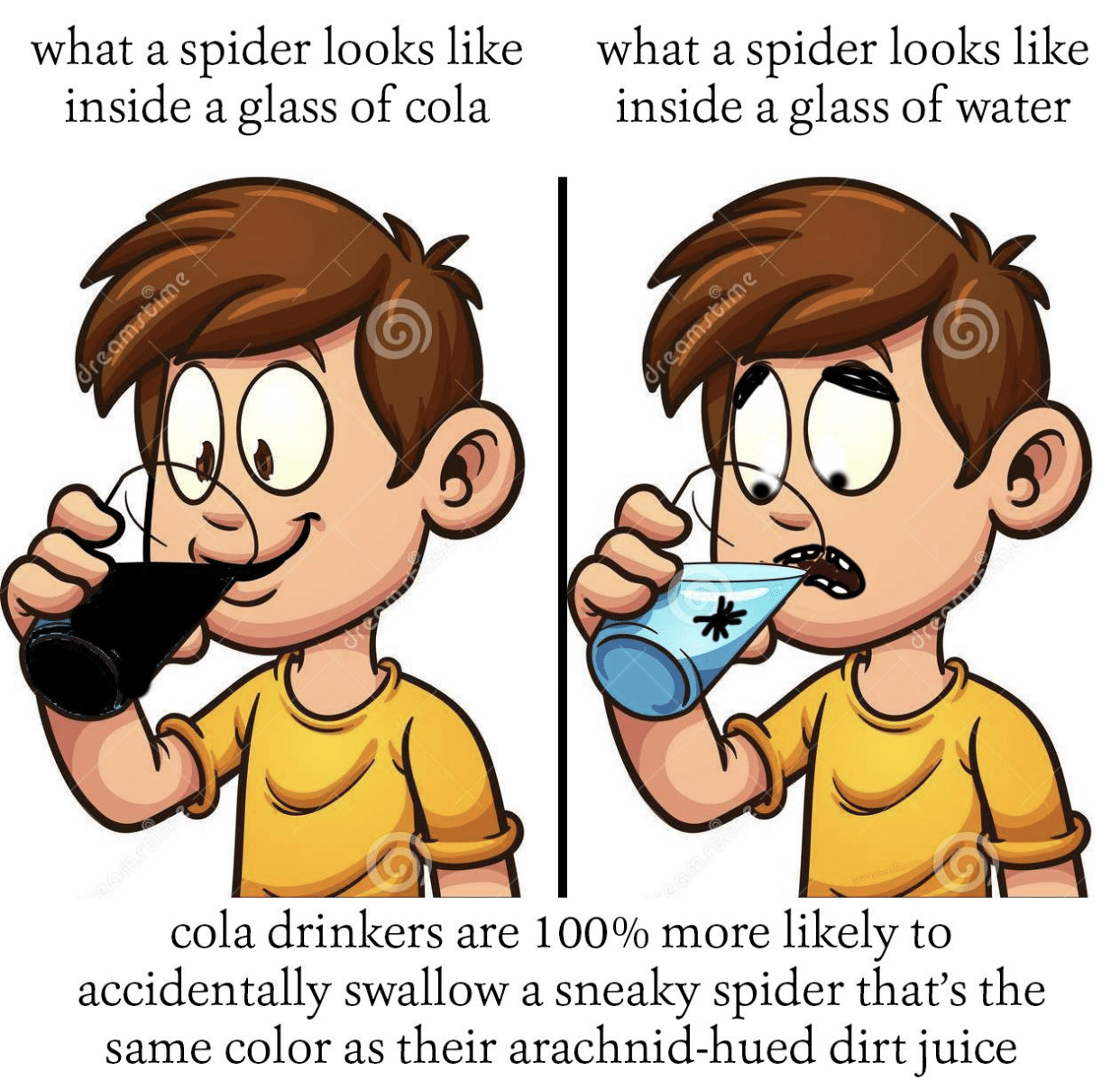 water water-memes water text: what a spider looks like inside a glass of cola what a spider looks like inside a glass of water cola drinkers are 100% more likely to accidentally swallow a sneaky spider that's the same color as their arachnid-hued dirt juice 