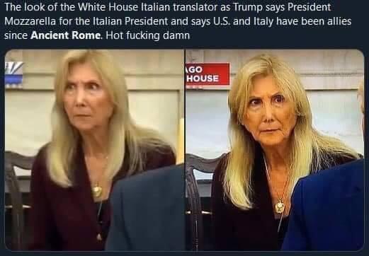 political political-memes political text: The look of the White House Italian translator as Trump says President Mozzarella for the Italian President and says U.S. and Italy have been allies since Ancient Rome Hot fucking damn HOUSE 