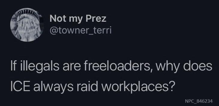 political political-memes political text: Not my Prez @towner_terri If illegals are freeloaders, why does ICE always raid workplaces? NPC 846234 