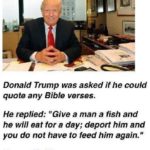 boomer-memes boomer text: Donald Trump was asked if he could quote any Bible verses. He replied: UGive a man a fish and he will eat tor a day; deport him and you do not have to feed him again." Trump 20:16  boomer