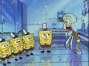 Squidward explaining to multiple Spongebobs Future meme template