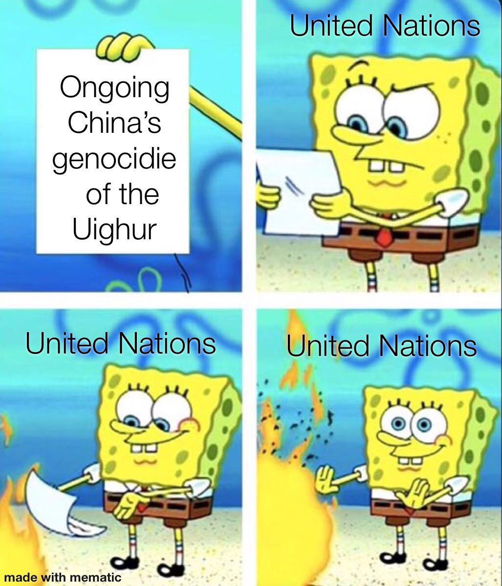 political political-memes political text: Ongoing China's genocidie of the Uighur United Na ions made with mematic United Nations Unit@Nåtion 