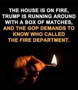 political-memes political text: THE HOUSE IS ON FIRE, TRUMP IS RUNNING AROUND WITH A BOX OF MATCHES, AND THE GOP DEMANDS TO KNOW WHO CALLED THE FIRE DEPARTMENT.