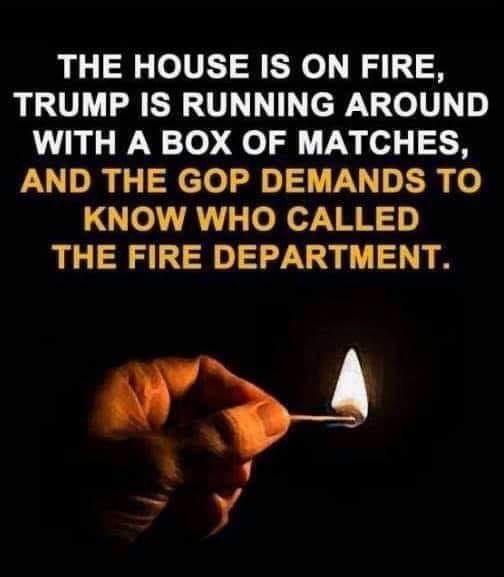 political political-memes political text: THE HOUSE IS ON FIRE, TRUMP IS RUNNING AROUND WITH A BOX OF MATCHES, AND THE GOP DEMANDS TO KNOW WHO CALLED THE FIRE DEPARTMENT. 