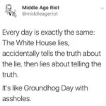 political-memes political text: Middle Age Riot @middleageriot Every day is exactly the same: The White House lies, accidentally tells the truth about the lie, then lies about telling the truth. It