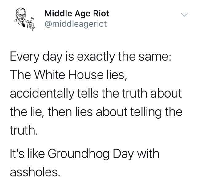 political political-memes political text: Middle Age Riot @middleageriot Every day is exactly the same: The White House lies, accidentally tells the truth about the lie, then lies about telling the truth. It's like Groundhog Day with assholes. 