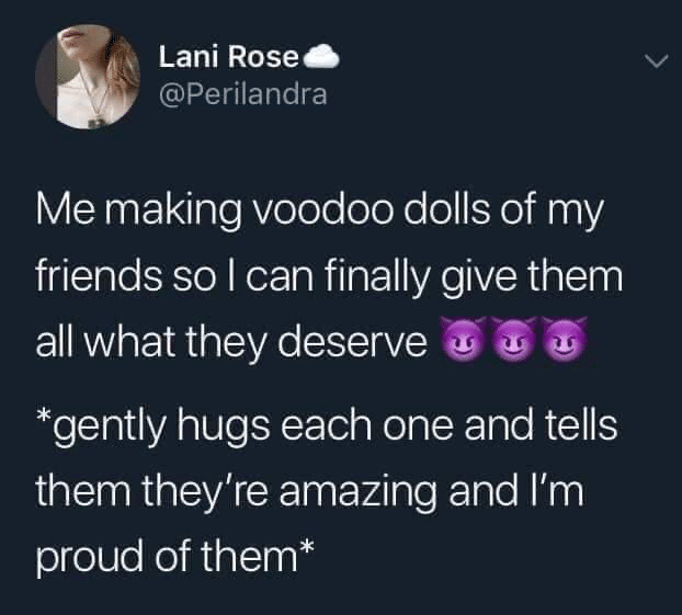 cute wholesome-memes cute text: Lani Rose' @Perilandra Me making voodoo dolls of my friends so I can finally give them all what they deserve *gently hugs each one and tells them they're amazing and I'm proud of them* 