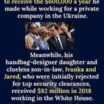 political-memes political text: Donald Trump claims that Hunter Biden was not qualified to receive the $600,000 a year he made while working for a private company in the Ukraine. Meanwhile, his handbag-designer daughter and clueless son-in-law, Ivanka and Jared, who were initially rejected for top security clearances, received $82 million in 2018 working in the White House. What was that about unqualified & corrupt?  political