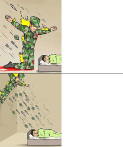 Two-panel showing soldier saving child vs. soldier committing an atrocity. Vs search meme template