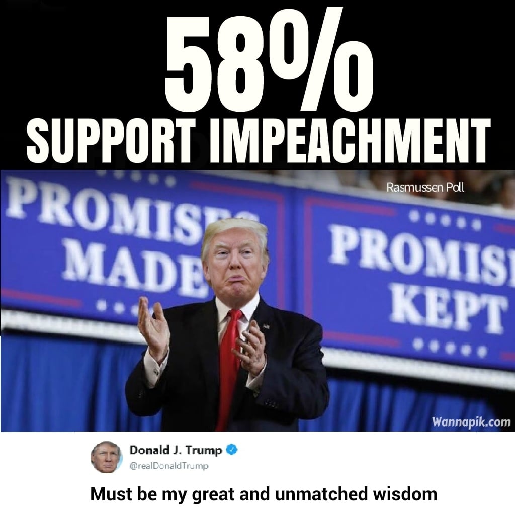 political political-memes political text: SUPPORT IMPEACHMENT Rasmussen Poll MADE?? KEPT Wannapik.com Donald J. Trump @reel Done dTru mp Must be my great and unmatched wisdom 