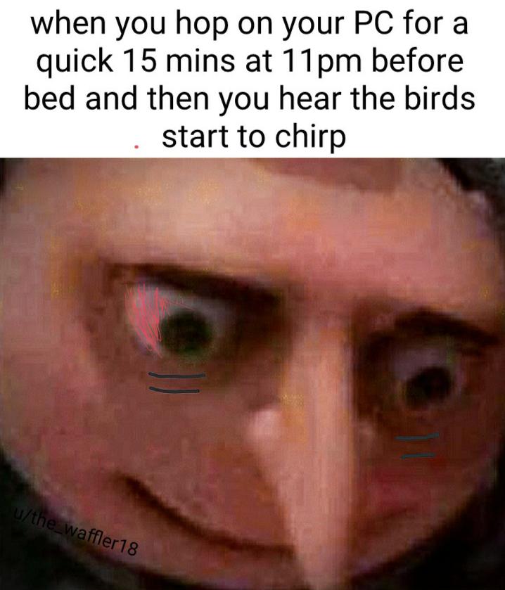 Dank Meme dank-memes cute text: when you hop on your PC for a quick 15 mins at llpm before bed and then you hear the birds start to chirp 