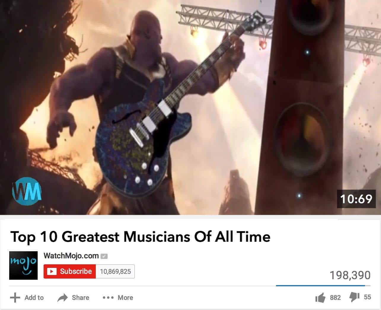 thanos avengers-memes thanos text: 10:69 Top 1 0 Greatest Musicians Of All Time WatchMojo.com 1+10Jo Subscribe 1 98,390 + Add to Share More 882 