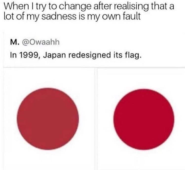 depression depression-memes depression text: When I try to change after realising that a lot of my sadness is my own fault @Owaahh M. In 1999, Japan redesigned its flag. 