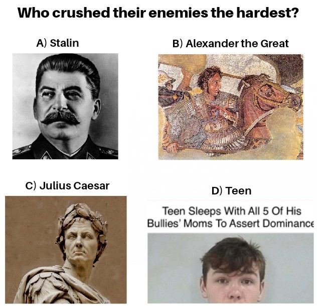 history history-memes history text: Who crushed their enemies the hardest? A) Stalin C) Julius Caesar B) Alexander the Great D) Teen Teen Sleeps With All 5 Of His Bullies' Moms To Assert Dominance 