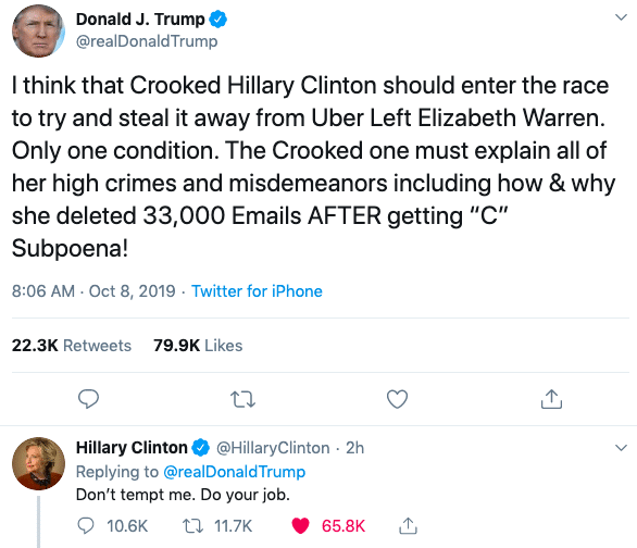 political political-memes political text: Donald J. Trump @realDonaldTrump I think that Crooked Hillary Clinton should enter the race to try and steal it away from Uber Left Elizabeth Warren. Only one condition. The Crooked one must explain all of her high crimes and misdemeanors including how & why she deleted 33,000 Emails AFTER getting 