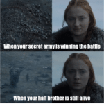 game-of-thrones-memes sansa-stark text: When your secret army is winning the battle When your half brother is still alive  sansa-stark