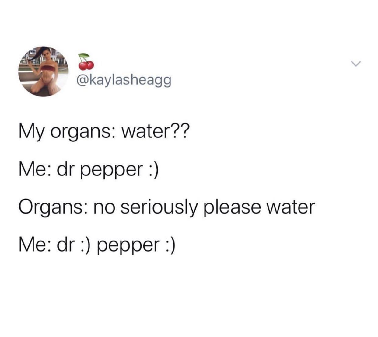 water water-memes water text: @kaylasheagg My organs: water?? Me: dr pepper :) Organs: no seriously please water Me: dr :) pepper :) 