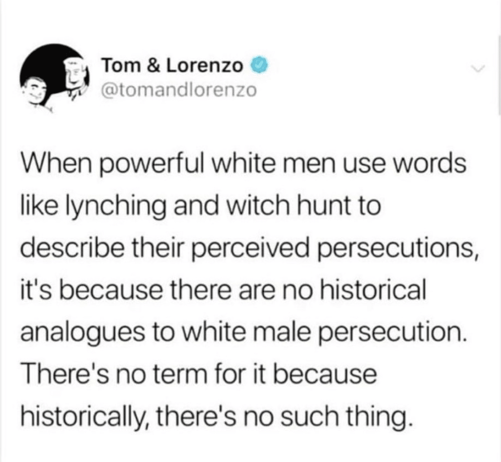 political political-memes political text: Tom & Lorenzo @tomandlorenzo When powerful white men use words like lynching and witch hunt to describe their perceived persecutions, it's because there are no historical analogues to white male persecution. There's no term for it because historically, there's no such thing. 