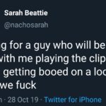 political-memes political text: Sarah Beattie @nachosarah looking for a guy who will be cool with me playing the clip of trump getting booed on a loop while we fuck 10:30 am • 28 Oct 19 • Twitter for iPhone  political
