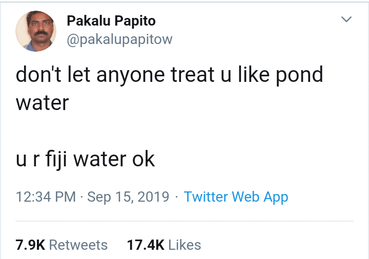 cute wholesome-memes cute text: Pakalu Papito @pakalupapitow don't let anyone treat u like pond water u r fiji water ok 12:34 PM sep 15, 2019 Twitter Web App Likes 7.9K Retweets 17.4K 