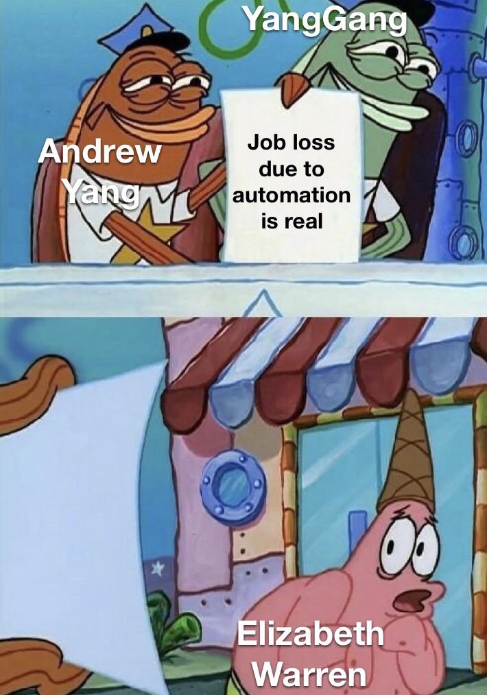political yang-memes political text: A drew Job loss due to automation is real Elizabeth Warren 