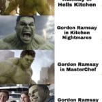 avengers-memes thanos text: Gordon Ramsay in Hells Kitchen Gordon Ramsay in Kitchen Nightmares Gordon Ramsay in MasterChef Gordon Ramsay in MasterChef Junior  thanos