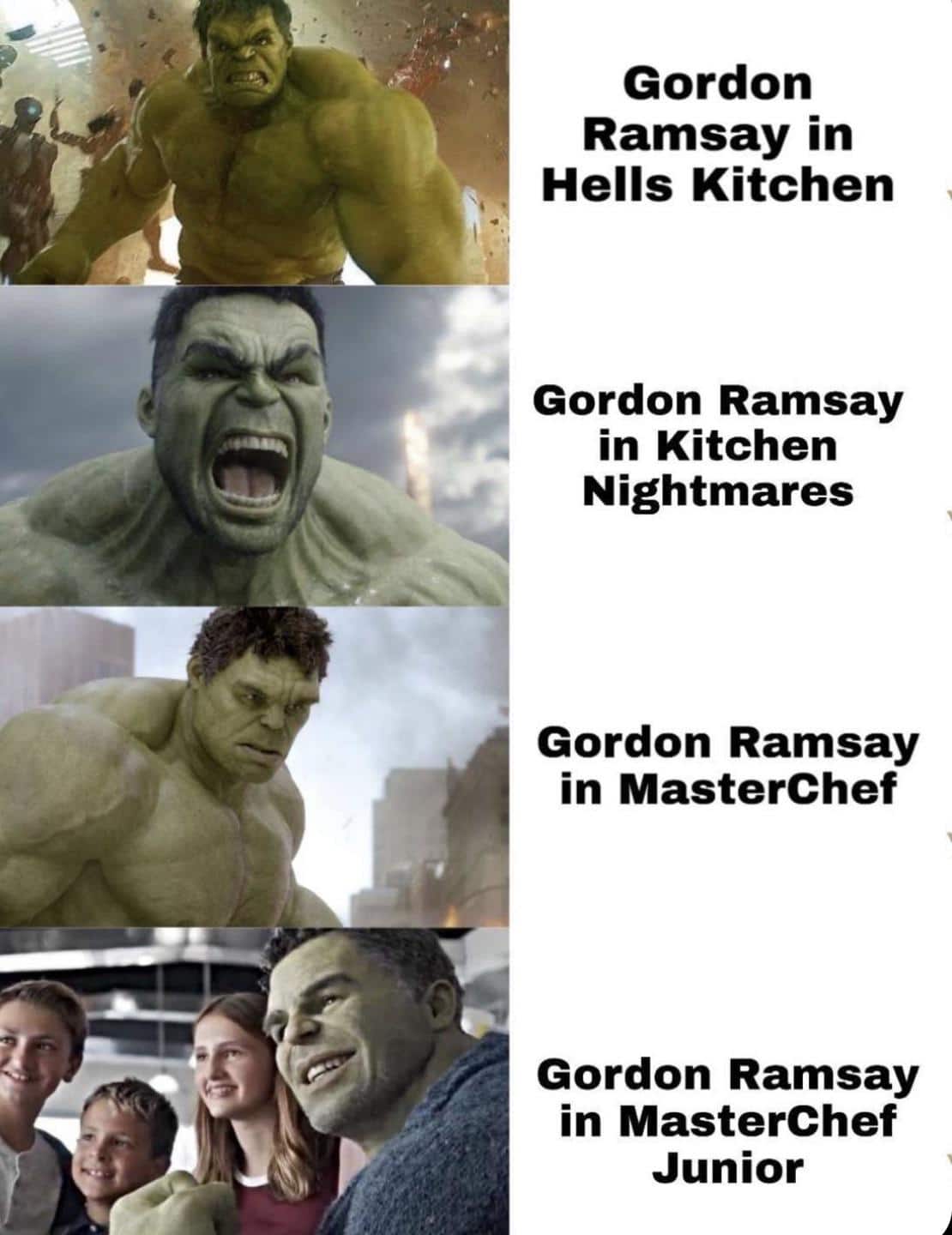 thanos avengers-memes thanos text: Gordon Ramsay in Hells Kitchen Gordon Ramsay in Kitchen Nightmares Gordon Ramsay in MasterChef Gordon Ramsay in MasterChef Junior 