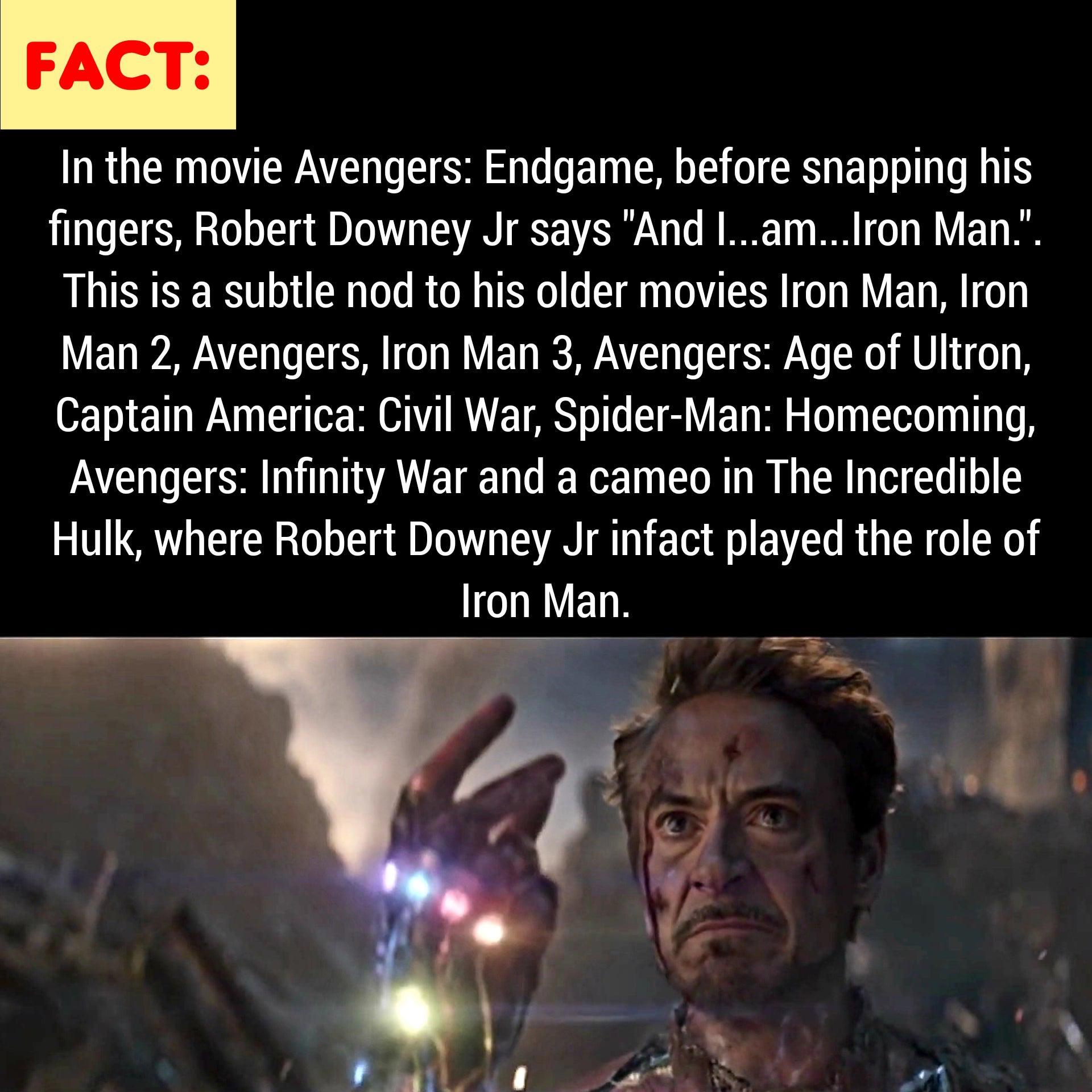 thanos avengers-memes thanos text: FACT: In the movie Avengers: Endgame, before snapping his fingers, Robert Downey Jr says 