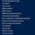 political-memes political text: -Trump should be in jail. -For what? -His crimes. -What crimes? -Bad crimes. -What kind of bad crimes? -You know what crimes. -No, I really don