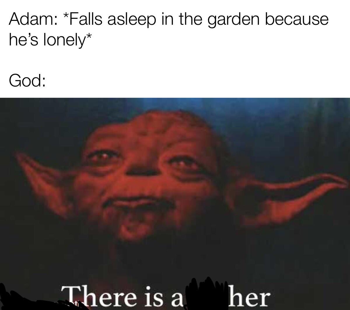 christian christian-memes christian text: Adam: *Falls asleep in the garden because he's lonely* God: There is a her 