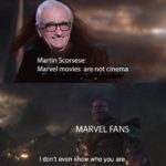 avengers-memes thanos text: Martin Scorsese: Marvel movies are not cinema MARVEL FANS I dorft even khow who you are.  thanos