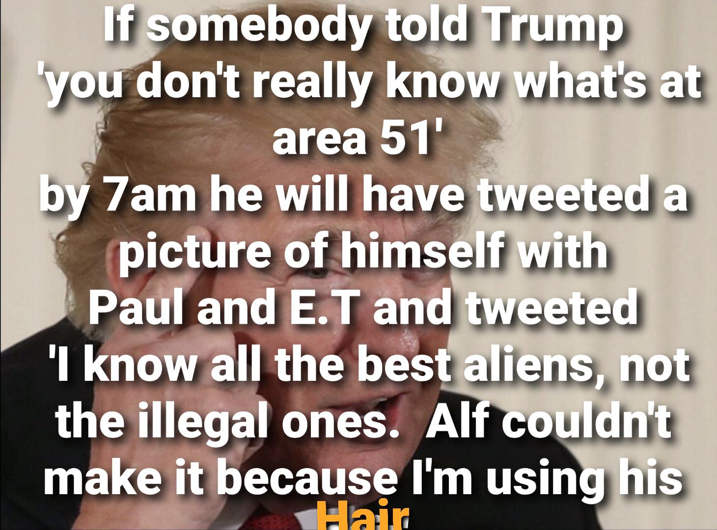 political political-memes political text: 'you don't really area 51' hy 7am he will havejtweeted a picture of himselfiWith Paul and E.T and tweeted Il know all the the illegal ones. Alftouldn'tl make it because I'm 