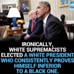 political-memes political text: BLUE ,VOTERS IRONICALLY, WHITE SUPREMACISTS ELECTED A WHITE PRESIDENT WHO CONSISTENTLY PROVES HIMSELF INFERIOR TO A BLACK ONE.  political