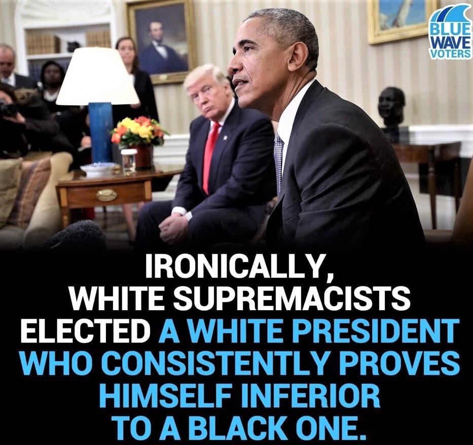 political political-memes political text: BLUE ,VOTERS IRONICALLY, WHITE SUPREMACISTS ELECTED A WHITE PRESIDENT WHO CONSISTENTLY PROVES HIMSELF INFERIOR TO A BLACK ONE. 