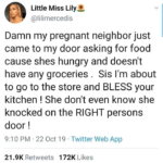 wholesome-memes cute text: e Little Miss Lily -w @lilimercedis Damn my pregnant neighbor just came to my door asking for food cause shes hungry and doesn