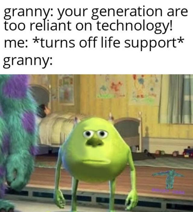 Dank Meme dank-memes cute text: granny: your generation are too reliant on technology! me: *turns off life support* granny: 