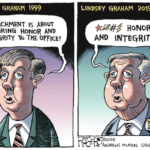 political-memes political text: LINDSEY GRAHAM 1999 IMPEACHMENT IS ABOUT RESToRING HONOR AND INTEGRITY To THE OFFIG! LINDSEY GRAHAM 2019 HONOR AND INTEGRITY.