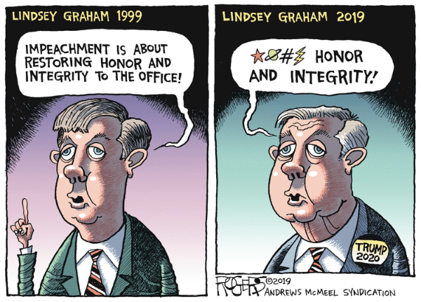 political political-memes political text: LINDSEY GRAHAM 1999 IMPEACHMENT IS ABOUT RESToRING HONOR AND INTEGRITY To THE OFFIG! LINDSEY GRAHAM 2019 HONOR AND INTEGRITY.' 2019 ANDREWS SWVICATION 