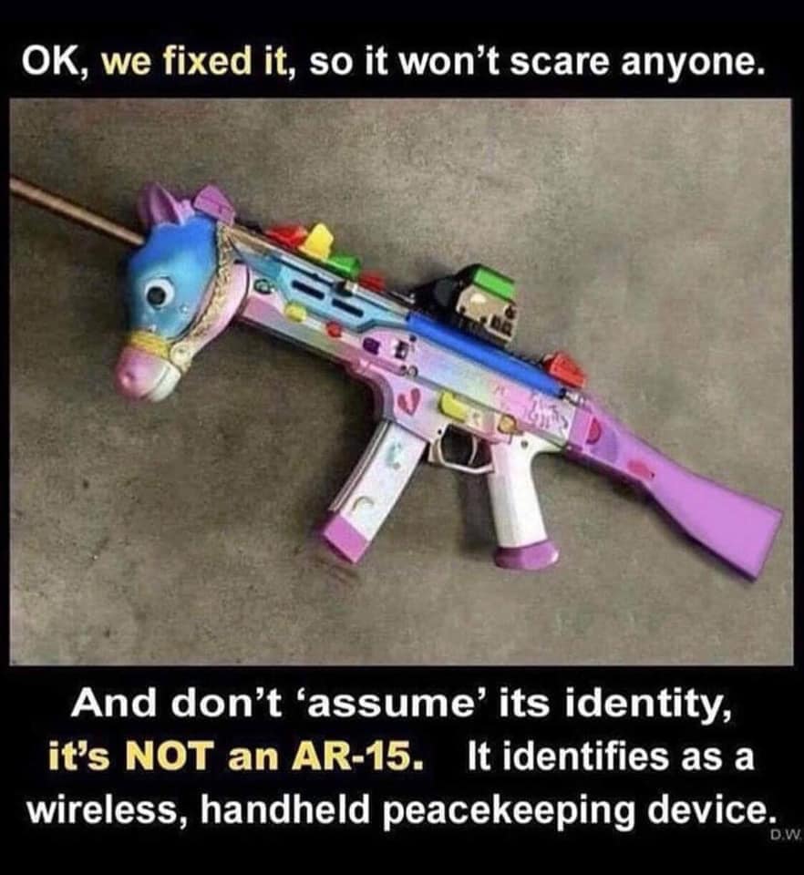 political political-memes political text: OK, we fixed it, so it won't scare anyone. And don't 'assume' its identity, it's NOT an AR-15. It identifies as a wireless, handheld peacekeeping device. 