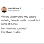 wholesome-memes cute text: Andy Richter O / @AndyRichter Went to visit my aunt, who despite suffering from dementia, has an intact sense of humor. Me: have you been? Her: I have no idea.  cute