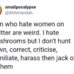 feminine-memes women text: smallpocalypse @Ahhmandah Men who hate women on Twitter are weird. I hate mushrooms but I don