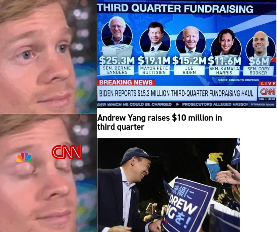 political yang-memes political text: HIRD QUARTER FUNDRAISING 25.6M 9.1M SEN. BERNIE MAYOR PETE SANDERS BUTTIGIEG BREAKING NEWS JOE BIDEN SEN. KAMALA SEN. CORY HARRIS BOOK F R LIVE BIDEN REPORTS HAUL Andrew Yang raises $10 million in third quarter 