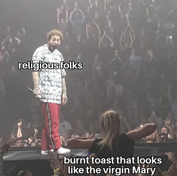 christian christian-memes christian text: religious folks burnt toast that looks like the virgin Måry 