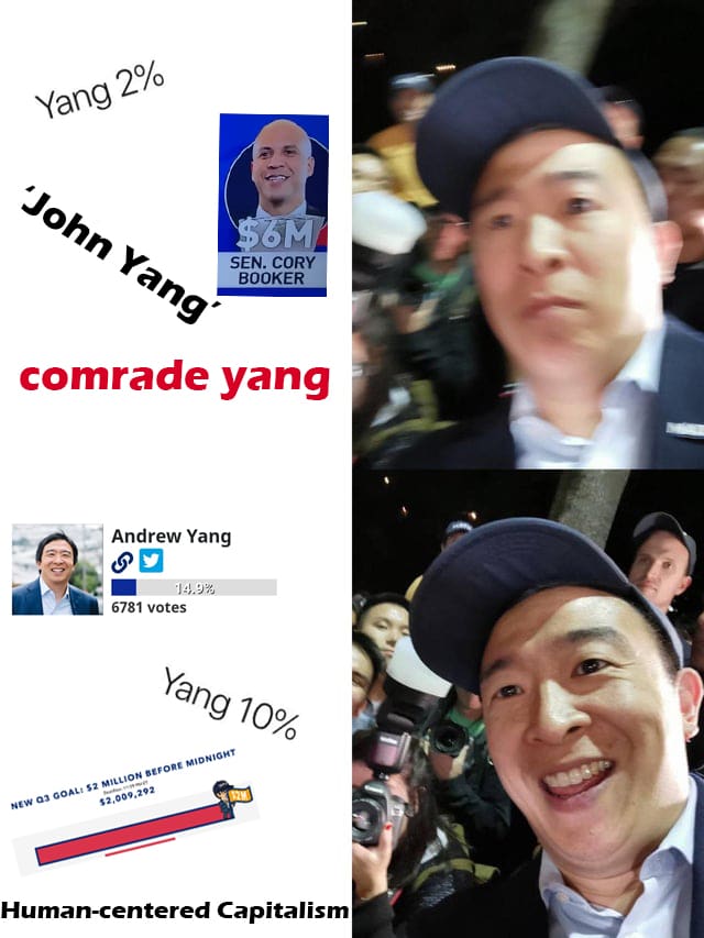 political yang-memes political text: NaogT/0 SEN. CORY BOOKER comrade yang Andrew Yang 6781 votes ang 700/ Human-centered Capitalism 