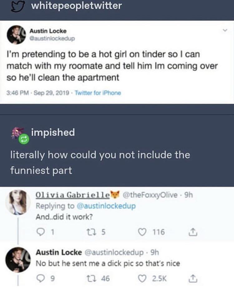 cute wholesome-memes cute text: whitepeopletwitter Austin Locke aaustJnbckedup I'm pretending to be a hot girl on tinder so I can match with my roomate and tell him 1m coming over so he'll clean the apartment 3:46 PM • 29.2019 • Twtttet for iPhone impished literally how could you not include the funniest part Q.LÅxi.A-Gub.Li.e-LL.eV @theFoxxy01ive 9h Replying to @austinlockedup And..did it work? 0 116 Austin Locke @austinlockedup • 9h No but he sent me a dick pic so that's nice 09 46 0 2.5K 