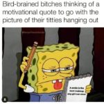 spongebob-memes spongebob text: Bird-brained bitches thinking of a motivational quote to go with the picture of their titties hanging out A Smile is the best makeup any girt can wear  spongebob